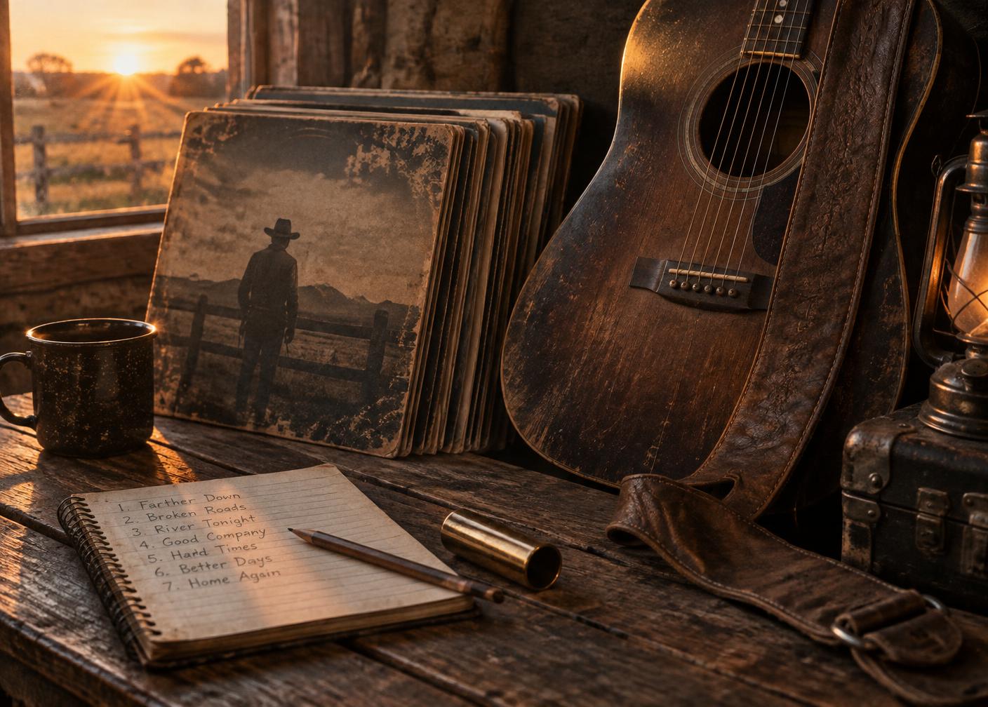 Vinyles country et guitare acoustique sur une table de bois au coucher du soleil