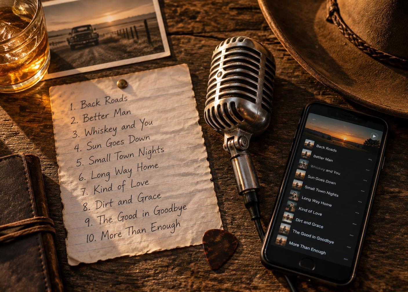 Liste de chansons écrite à la main près d’un micro vintage et d’un téléphone
